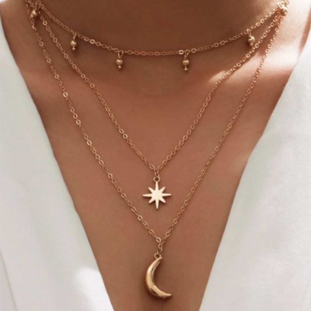 New Gold Color Three Layer Moon Necklace - image 1
